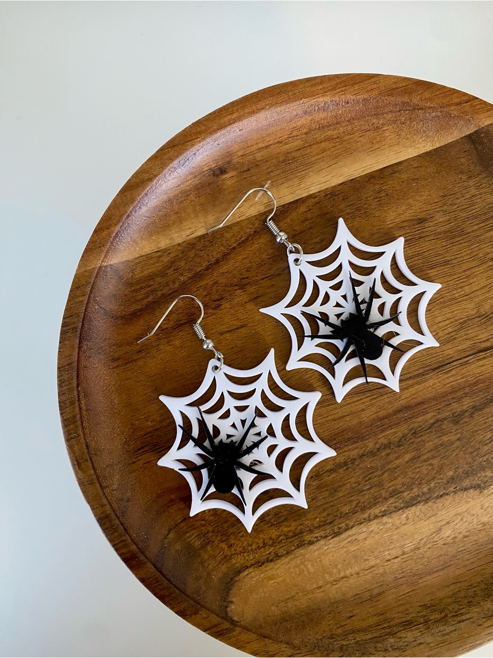 4/$15 Halloween Themed Black Spider White Web Dangle Earrings